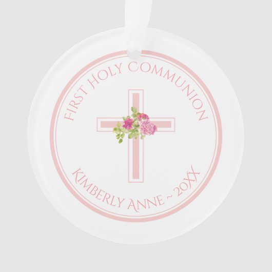 Eerste Communie Cross Roze Rozen Monogrammed Naam Ornament (voorkant)