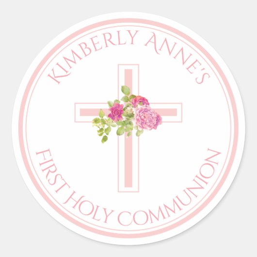 Eerste Communie Cross Roze Rozen Monogrammed Naam Ronde Sticker (Voorkant)