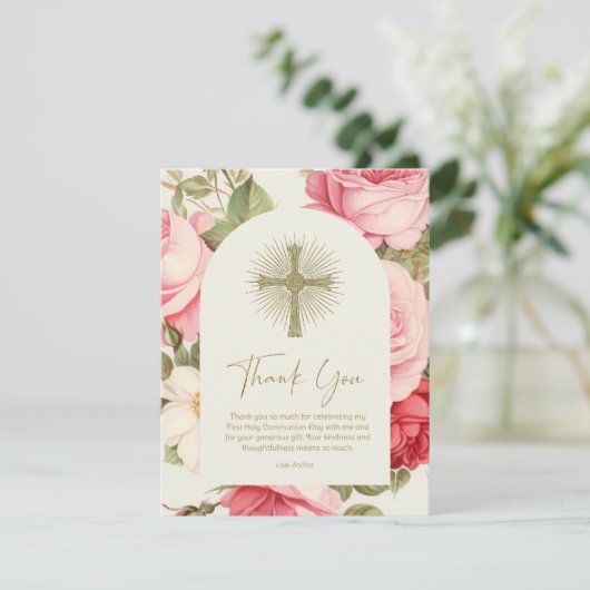 Eerste Communie Dank Je Wel Roze Rozen (Staand voorkant)