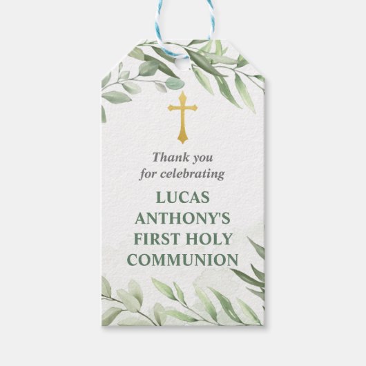 Eerste Communie Dank u Labels in Eucalyptus Cadeaulabel (Voorkant)
