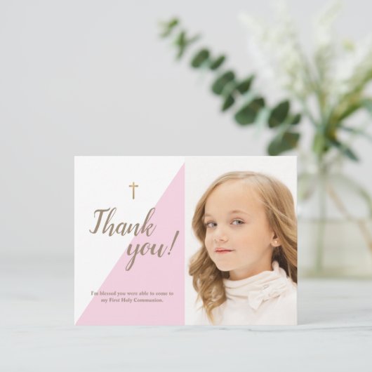 Eerste Communie Dank U Moderne Roze Foto Briefkaart (Staand voorkant)