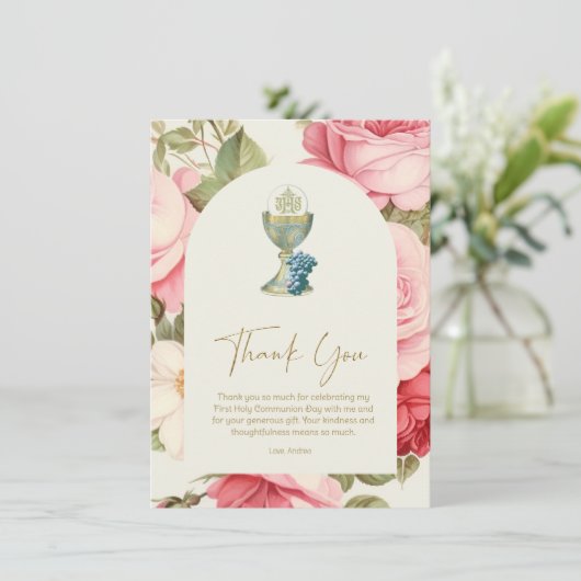 Eerste Communie Dank u Roze Rozen (Staand voorkant)