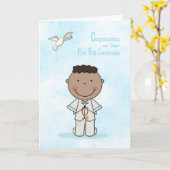 Eerste Communie, donkere jongen, gefeliciteerd Kaart (Gele Bloem)