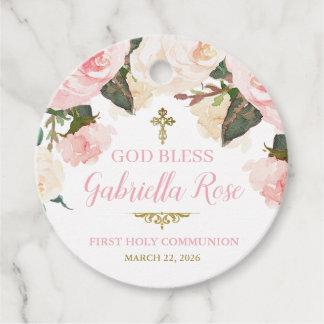 Eerste Communie & Doop, Roze Bloem Goud Bedankjes Labels