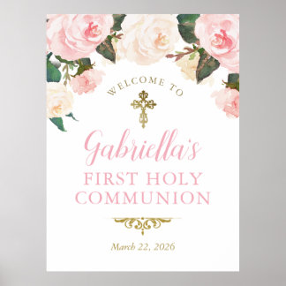 Eerste Communie & Doop, Roze Bloem Goud Poster