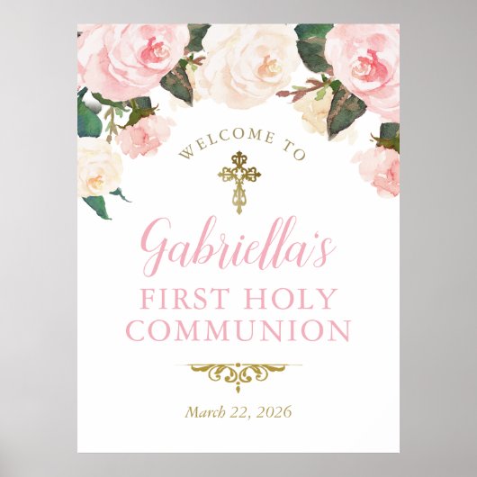 Eerste Communie & Doop, Roze Bloem Goud Poster (Voorkant)