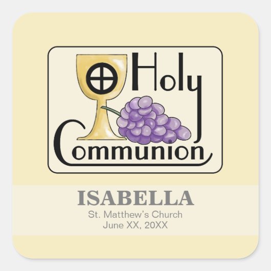 Eerste Communie Druiven en Beker, Aanpasbaar Vierkante Sticker (Voorkant)