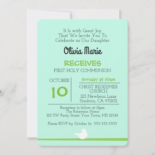 Eerste communie duif op tak blauwe uitnodiging (Voorkant)