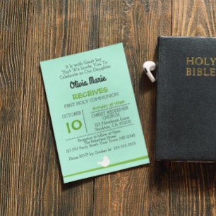 Eerste communie duif op tak blauwe uitnodiging