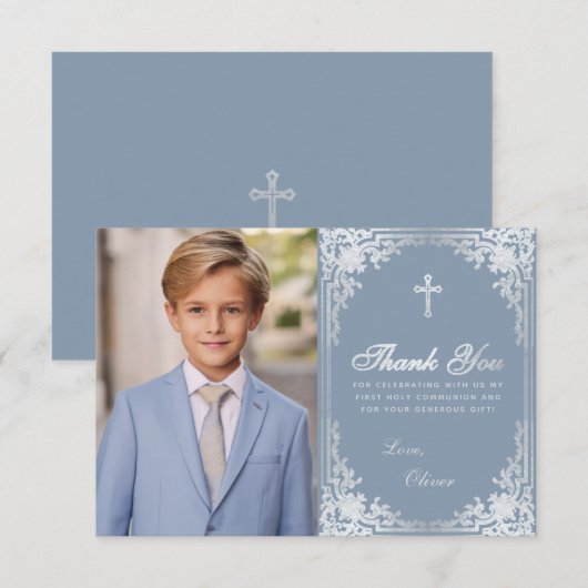 Eerste Communie Dusty Blue Boy Foto Cross Bedankkaart (Voorkant / Achterkant)