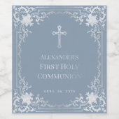 Eerste Communie Dusty Blue Elegant Boy Faux Zilver Wijn Etiket (Enkel label)