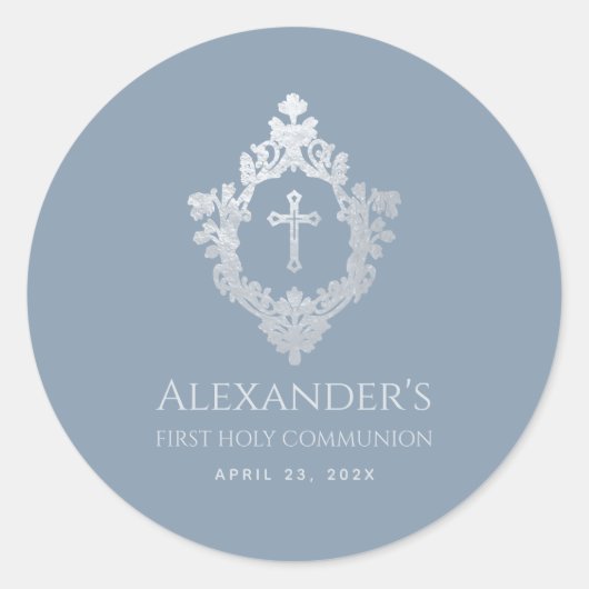 Eerste Communie Dusty Blue Faux Zilveren Kreeft Jo Ronde Sticker (Voorkant)