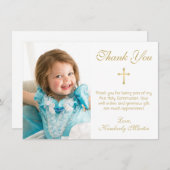 Eerste Communie Eenvoudig Goud Script Cross Photo Bedankkaart (Voorkant / Achterkant)