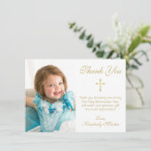 Eerste Communie Eenvoudig Goud Script Cross Photo Bedankkaart (Staand voorkant)