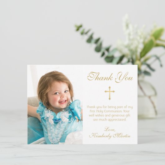 Eerste Communie Eenvoudig Goud Script Cross Photo Bedankkaart (Staand voorkant)