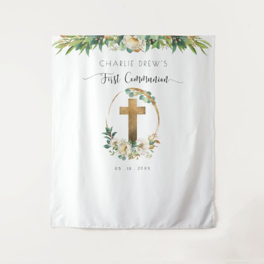 Eerste Communie, Elegant Groene Fotobackdrop Wandkleed (Voorkant)