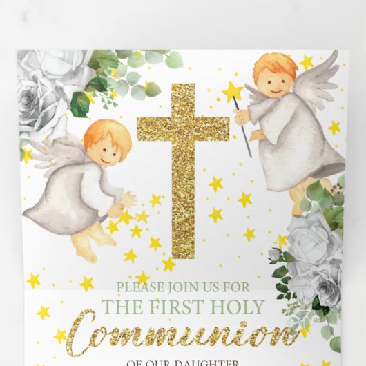 Eerste Communie Engelen Goud Genderneutraal Drieluik Uitnodiging (Binnenzijde eerst)