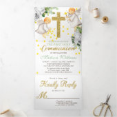 Eerste Communie Engelen Goud Genderneutraal Drieluik Uitnodiging (Binnen)