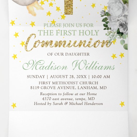 Eerste Communie Engelen Goud Genderneutraal Drieluik Uitnodiging (Binnenkant midden)