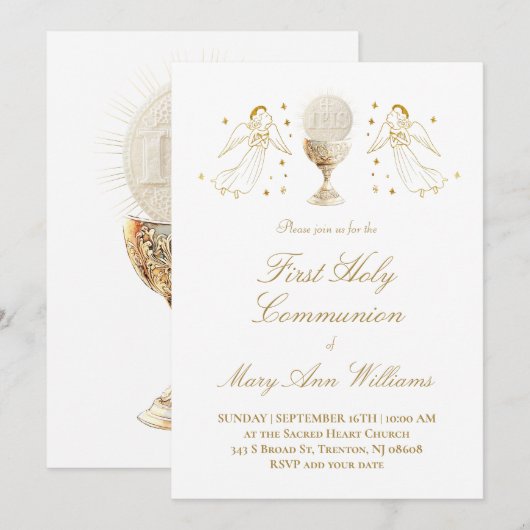 Eerste Communie Eucharistie gouden engelen Uitnodi Kaart (Voorkant / Achterkant)