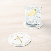 Eerste Communie Faux Cross monogrammed naam Ronde Kartonnen Onderzetter (Insitu)