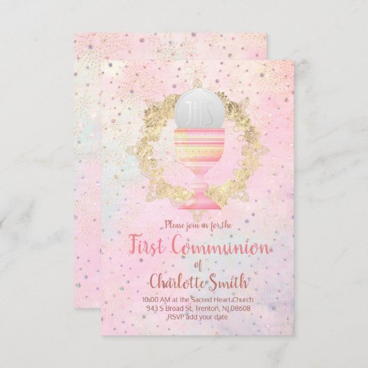 Eerste Communie Faux Glitter Design Kaart (Voorkant / Achterkant)