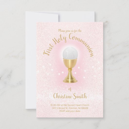 Eerste Communie faux glitter Katholiek meisje Kaart (Voorkant)