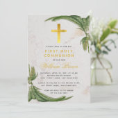 Eerste Communie Fern Greenery Gouden Kruis Marmer Kaart (Staand voorkant)