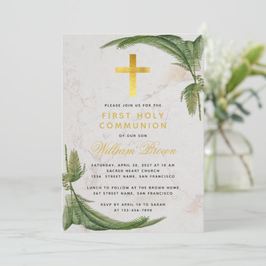 Eerste Communie Fern Greenery Gouden Kruis Marmer Kaart (Staand voorkant)