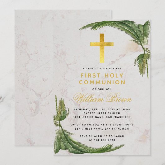 Eerste Communie Fern Greenery Gouden Kruis Marmer Kaart (Voorkant / Achterkant)