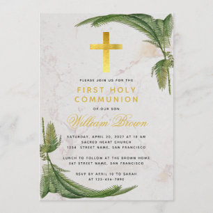 Eerste Communie Fern Greenery Gouden Kruis Marmer Kaart