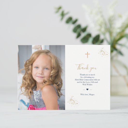 Eerste communie foto dank u minimalistisch goud kaart (Staand voorkant)