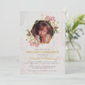 Eerste Communie Foto Goud Marmer Roze Orchideeën Kaart (Staand voorkant)