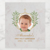 Eerste communie foto groen bladeren gouden marmer wijn etiket (Enkel label)