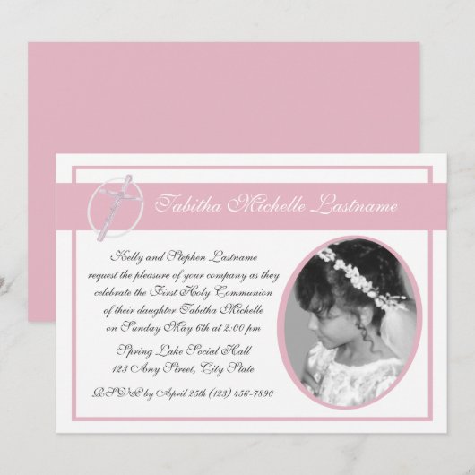 Eerste Communie Foto Roze Kaart (Voorkant / Achterkant)