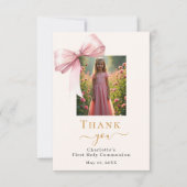 Eerste Communie foto roze strik crème Bedankkaart (Voorkant)