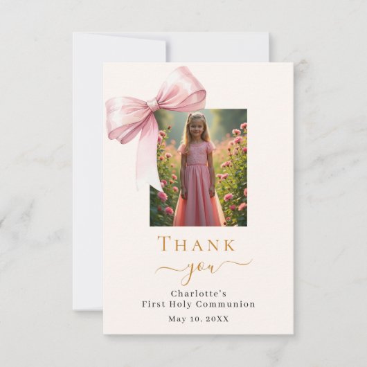Eerste Communie foto roze strik crème Bedankkaart (Voorkant)