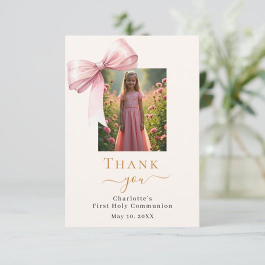 Eerste Communie foto roze strik crème Bedankkaart (Staand voorkant)