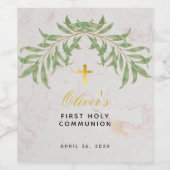 Eerste Communie gebladerte Faux Gold Cross Marmer Wijn Etiket (Enkel label)
