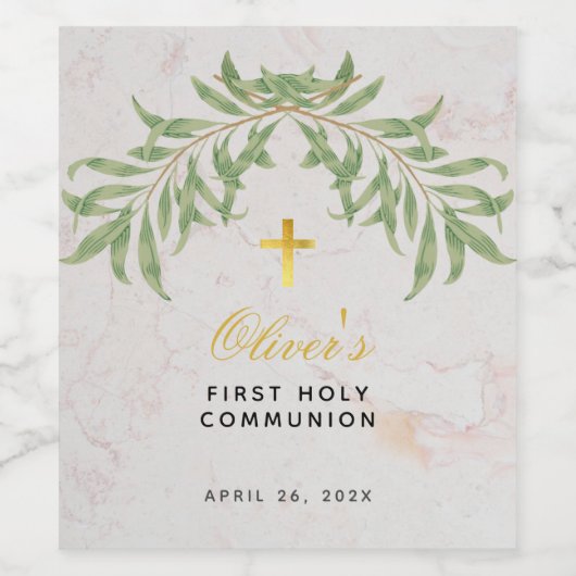 Eerste Communie gebladerte Faux Gold Cross Marmer Wijn Etiket (Enkel label)