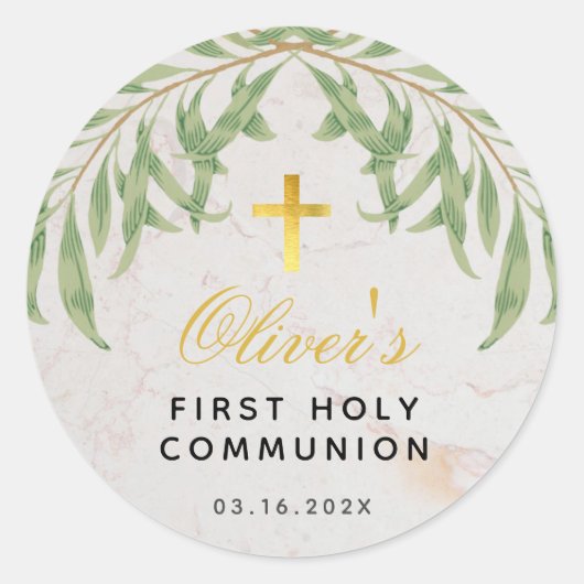 Eerste Communie gebladerte marmer faux gouden krui Ronde Sticker (Voorkant)