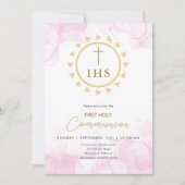 Eerste Communie Goud met IHS belettering Uitnodigi Kaart (Voorkant)