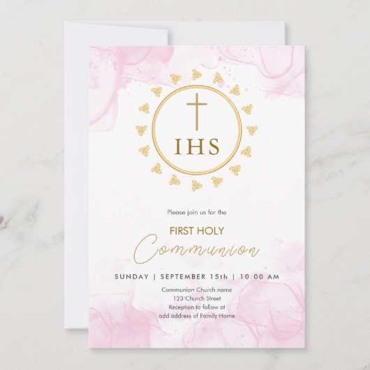 Eerste Communie Goud met IHS belettering Uitnodigi Kaart (Voorkant)