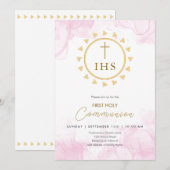 Eerste Communie Goud met IHS belettering Uitnodigi Kaart (Voorkant / Achterkant)