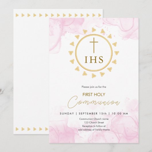 Eerste Communie Goud met IHS belettering Uitnodigi Kaart (Voorkant / Achterkant)