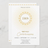 Eerste Communie Goud met IHS belettering Uitnodigi Kaart (Voorkant / Achterkant)