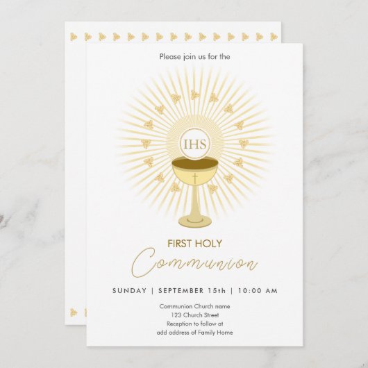 Eerste communie goud met kelk uitnodiging (Voorkant / Achterkant)