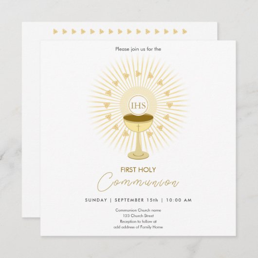 Eerste communie goud met kelk uitnodiging (Voorkant / Achterkant)
