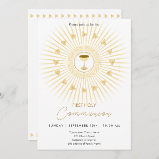 Eerste communie goud met kelk uitnodiging (Voorkant / Achterkant)