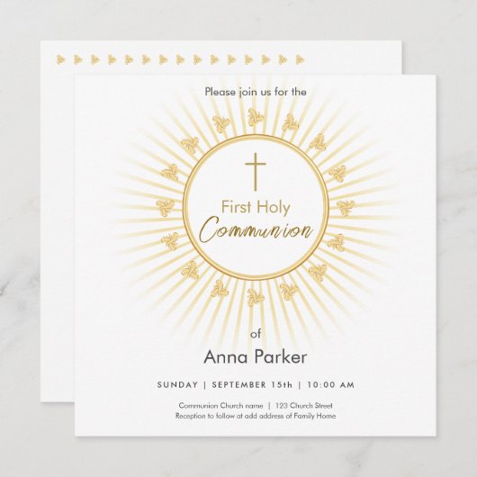 Eerste communie goud met kruis, uitnodiging (Voorkant / Achterkant)